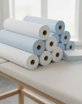 rouleaux de draps d'examen blancs et bleus sur un divan d'examen