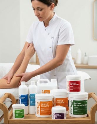produits de massage pour professionnels sur une tables (flacons et accessoires)